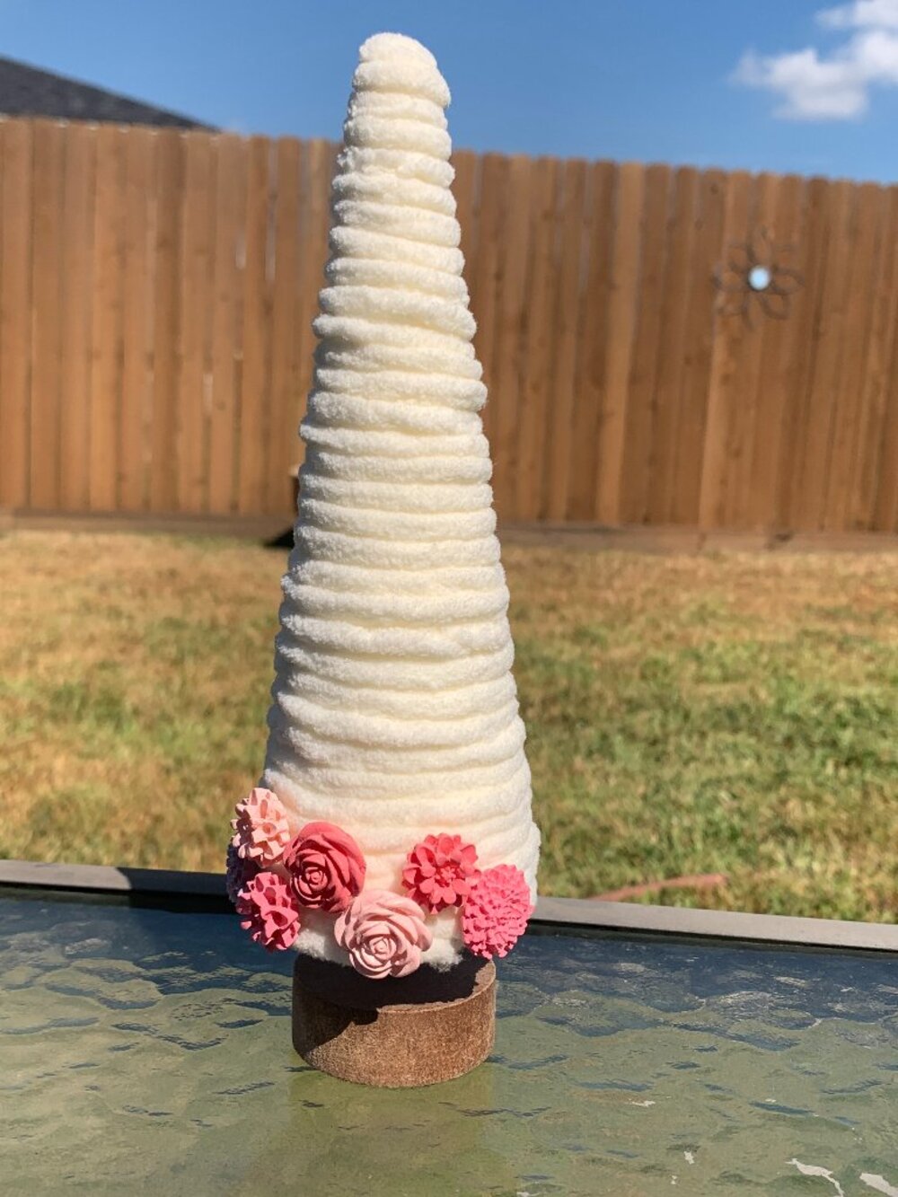 White Fabric Cone Tree Decoration Pink Floral Base Wooden Stand 8.5 Inch Tableto